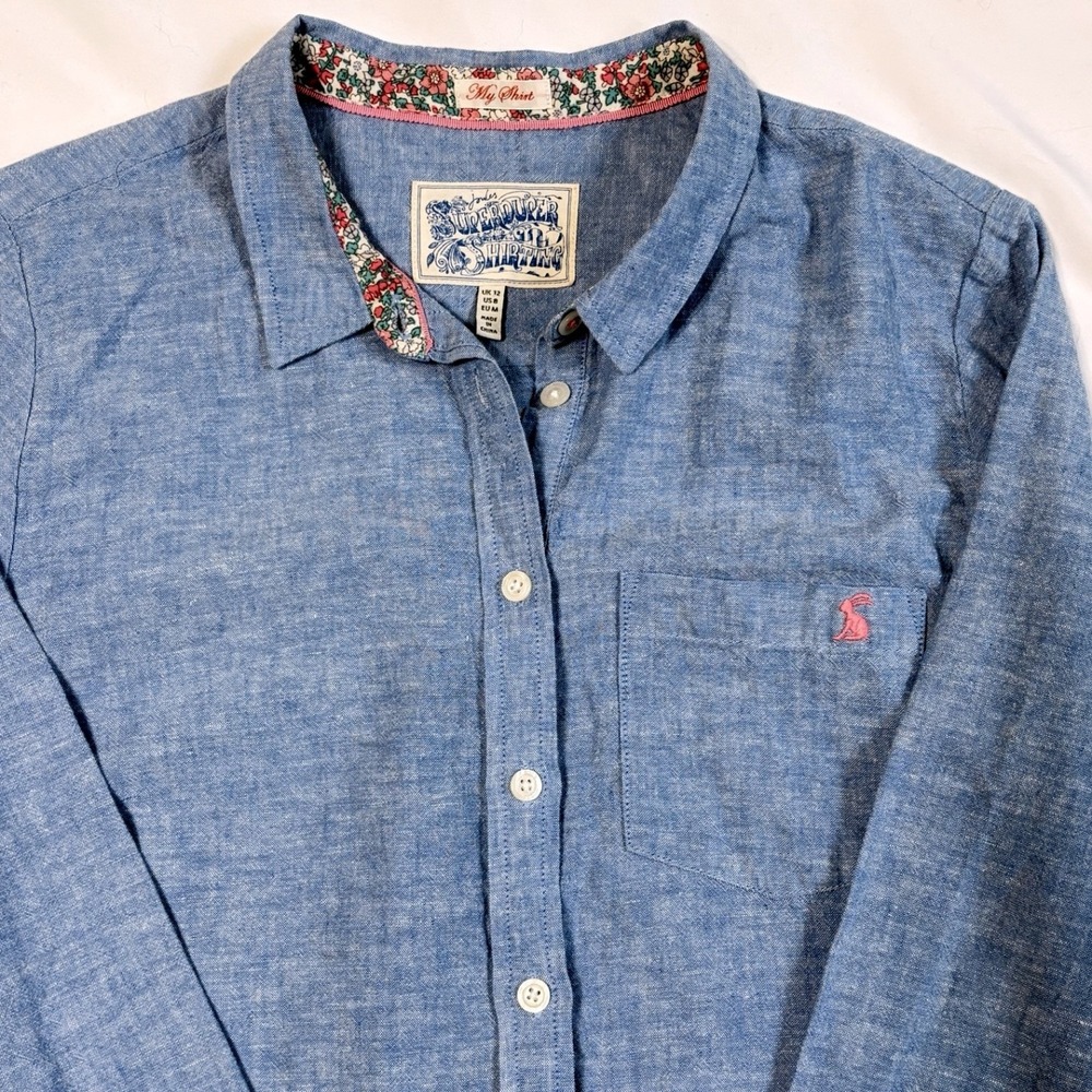 Joules Superduper Shirting Blue Linen Blend Women's 8 Button Down Blouse